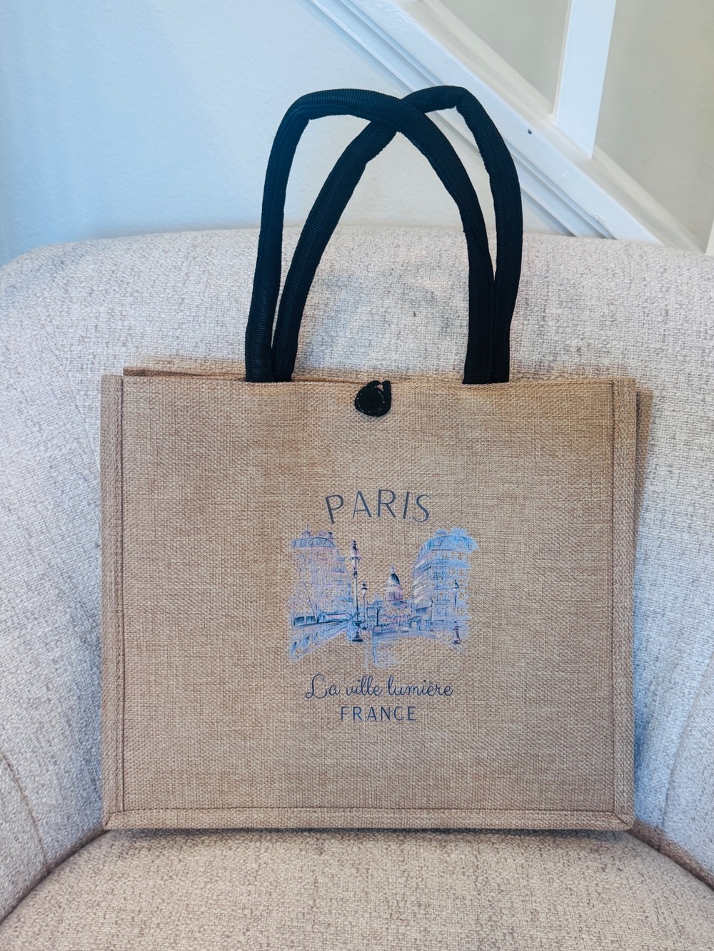 Paris Printed Jute Tote Bag with Black Handles